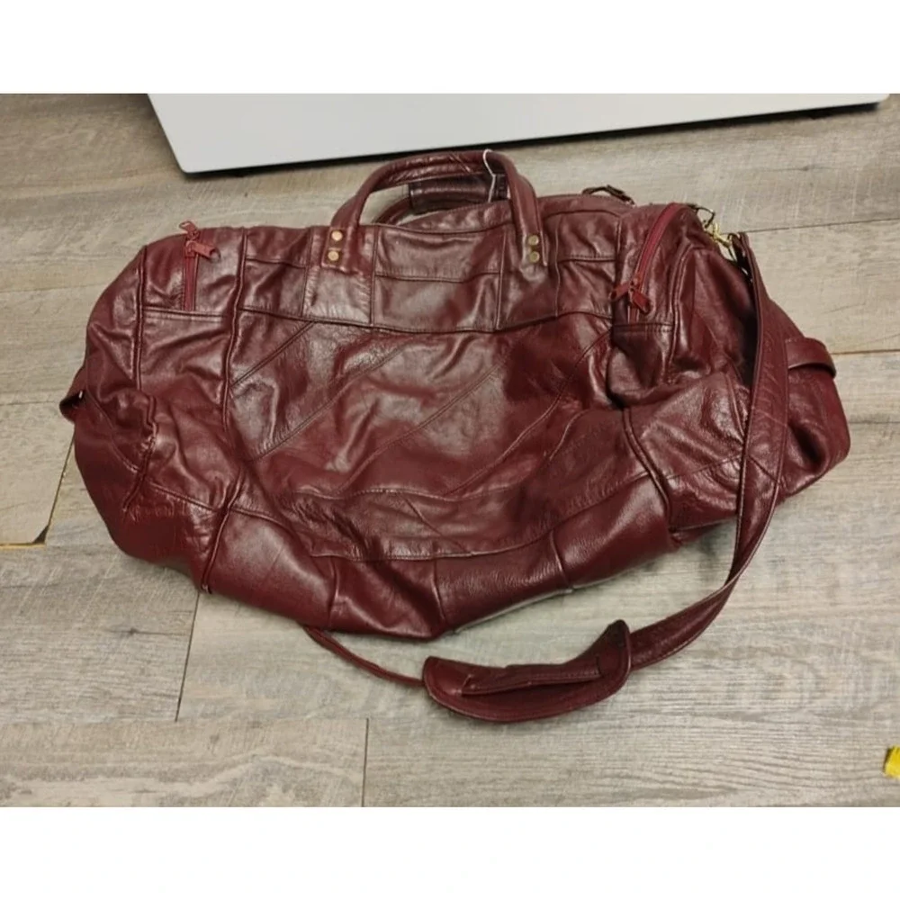 Vtg Carroll Leather Goods Genuine Leather Burgundy Weekender Duffel Travel Bag